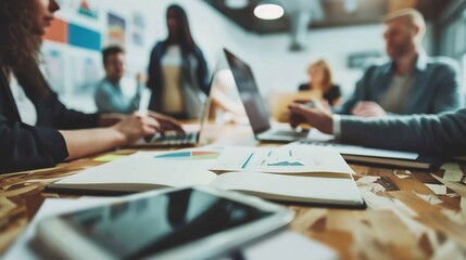 Presentation question and business meeting with laptop collaboration partnership and sales b2b strategy in workshop Business people diversity and happy team planning working or trainin : Generative AI