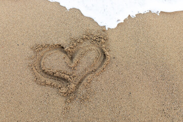 Heart drawn in the sand on the beach. Valentines day on the beach. Holiday nature banner