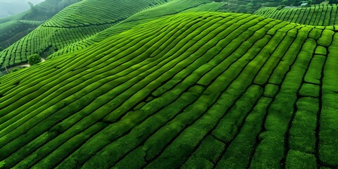 Fototapeta premium Aerial Perspective of a Verdant Tea Plantation on a Mountain. Concept Aerial Photography, Tea Plantation, Mountain View