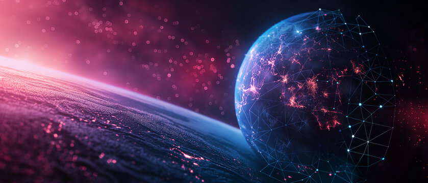 Earth, technology and global network concept, digital data transfer on a blue gradient color background