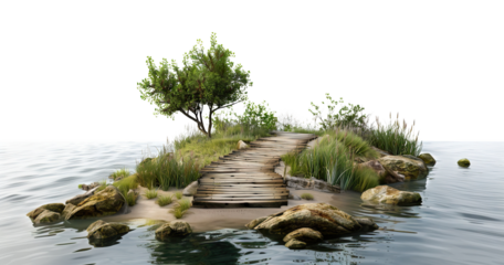 Wooden walkway leading to a small island with trees, cut out