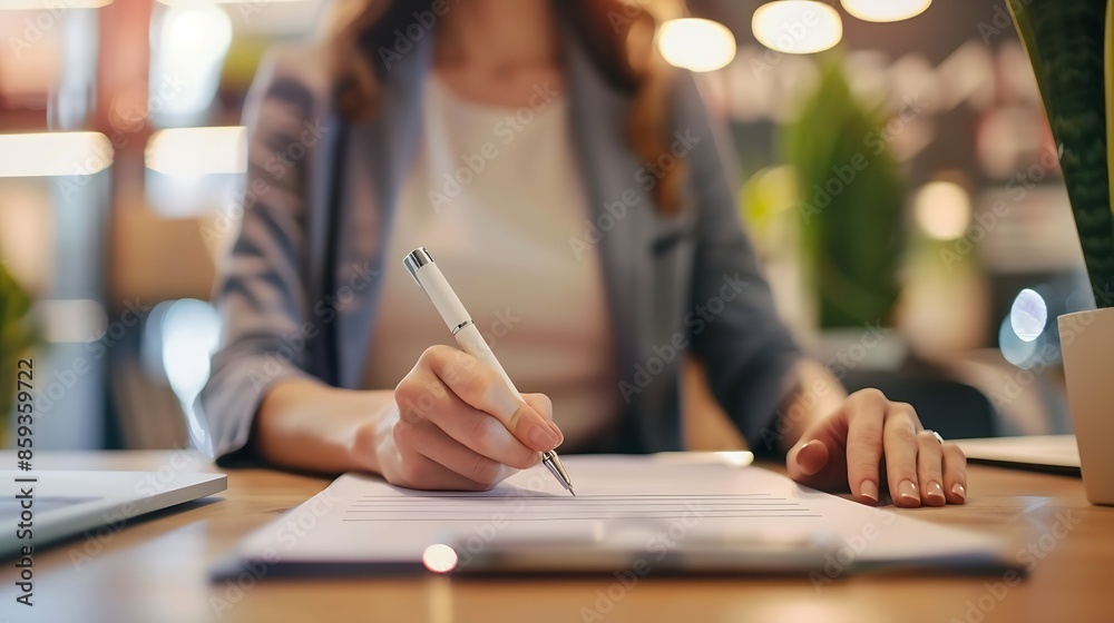Poster female clerk at workplace is holding pen in hands and filling out application form template manager 