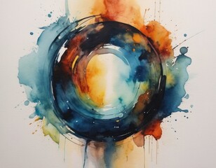 Abstract watercolor painting with vibrant colors and circular patterns, suitable for creative...