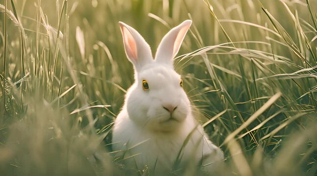 Closeup of a White Rabbit nestled in tall grass, muted colors, cinematic contour lighting, low contrast ProLog, award-winning composition, chromatic aberration