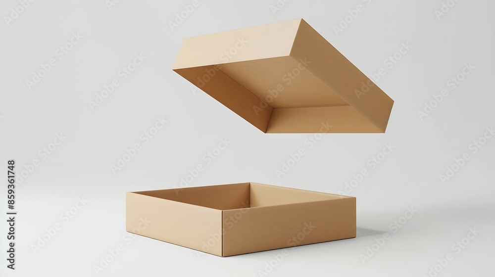 Poster Open paper box and levitating lid on white background isolated : Generative AI
