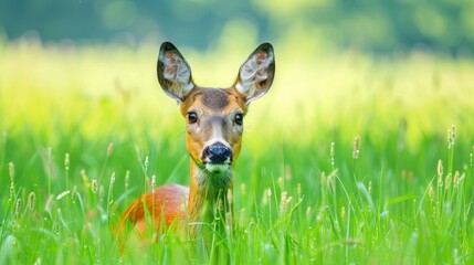 Roe deer buck observing camera in green summer meadow with space for text