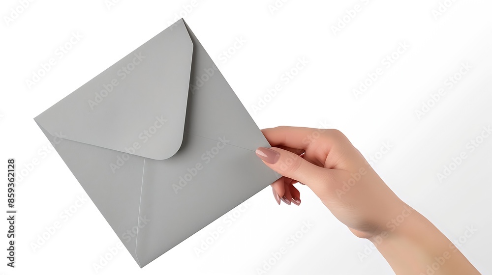 Poster a femalewoman hand hold a grey envelope and post card isolated white at the studio : generative ai