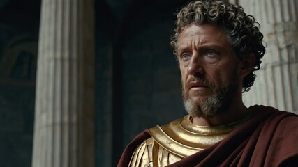 Naklejka premium Reflections of Stoic Majesty: A Hyper-Realistic Portrait of Marcus Aurelius, Conveying Stoic Wisdom and Inner Struggle Through a Centrally Positioned Figure, Clad in Toga,