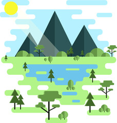 Nature, mountains, ecological landscape, color flat vector illustration design. A landscape of sunny mountains with trees and a pond.