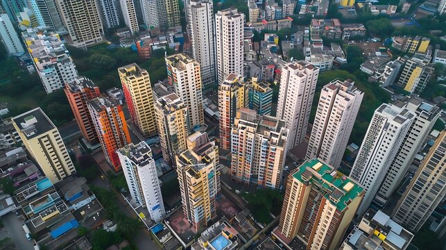Aerial view of residential houses and highrise buildings in Virar city of Palghar District in Maharashtra Top angle Drone shot houses in a smart city living in India Beautiful Indian c : Generative AI