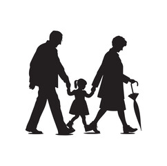 grandparents walking with granddaughter vector silhouette Illustration