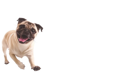 Full body shot of Pug dog, running happily, smiling.