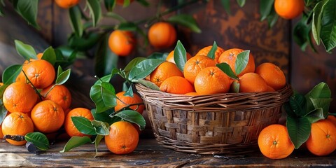 A Basket Full of Ripe Oranges with Green Leaves