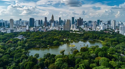 Obraz premium Beautiful landscape of cityscape with city building around lumpini park in bangkok Thailand : Generative AI