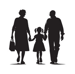 grandparents walking with granddaughter vector silhouette Illustration
