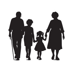 grandparents walking with granddaughter vector silhouette Illustration