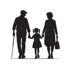 grandparents walking with granddaughter vector silhouette Illustration