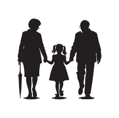 grandparents walking with granddaughter vector silhouette Illustration