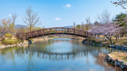 Obraz premium Misa Bridge and Namyangju Hangang river Park Sampae District at spring in korea : Generative AI
