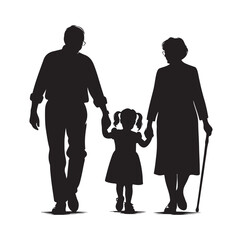 grandparents walking with granddaughter vector silhouette Illustration