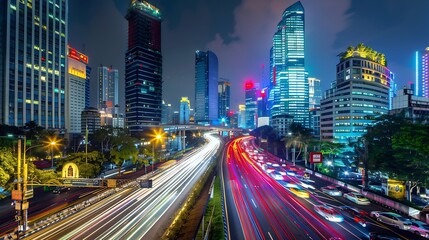 Obraz premium Jakarta City Light Painting Long Exposure With Vehicle and Building With Neon Colorfull Light For Tourist Night at Highway Indonesia : Generative AI