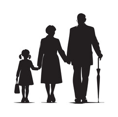 grandparents walking with granddaughter vector silhouette Illustration