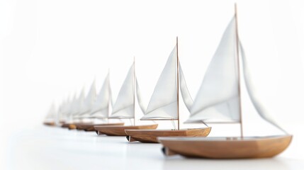 Obraz premium Row of wooden sailboats on white background, nautical concept