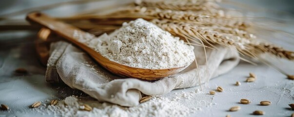 Wooden spoon filled with wheat flour on a cloth, with wheat stalks in the background, representing fresh and organic ingredients.