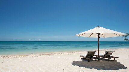 Fototapeta premium lounge chairs and umbrella on the beach