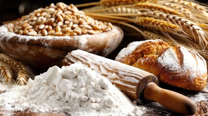 Close-up of freshly baked bread, wheat grains, rolling pin, and flour on a rustic wooden table with wheat stalks in the background.