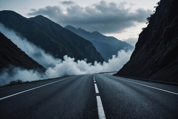 Dark street, asphalt abstract dark blue background, empty dark mountain range scene, with smoke mist cold white float up for display products