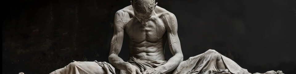 Detailed statue of seated male figure, muscles and fabric textures expertly sculpted, evoking ancient elegance and strength.