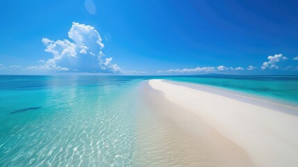 Obraz premium Endless stretch of white sand beach on a tropical island, with turquoise waters and clear blue skies in the background.