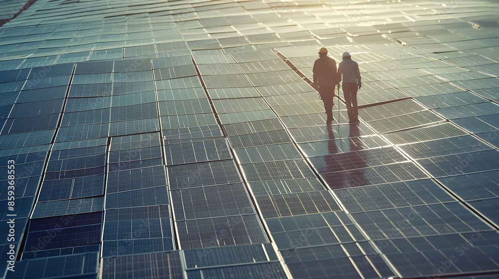 Aufkleber The solar farmsolar panel with two engineers walk to check the operation of the system Alternative energy to conserve the worlds energy Photovoltaic module idea for clean energy produc : Generative AI