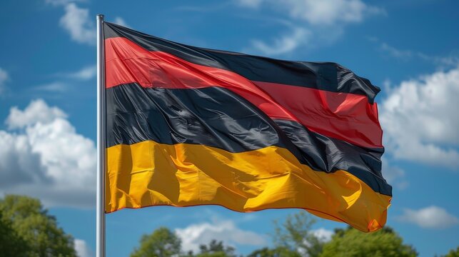 This image captures the vibrant German flag soaring high against a bright and clear sky, symbolizing freedom, pride, and unity against a backdrop of nature's beauty.