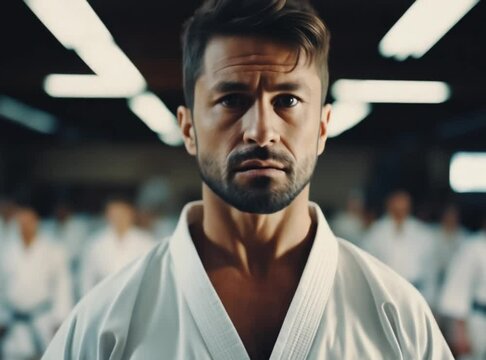Martial arts master is posing in his dojo with his students standing in the background wearing white kimono and black belts