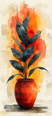 Vibrant fantasy illustration of potted snake plant, glowing aura, intricate leaf patterns on white background with red, ochre, grapeseed, and off-white colors.