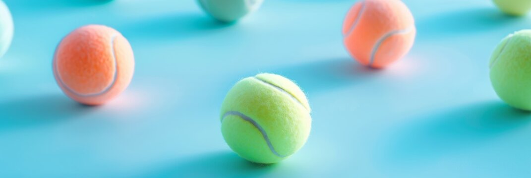 A close-up photo of pastel-colored tennis balls scattered on a smooth blue surface, creating a minimalist and elegant composition