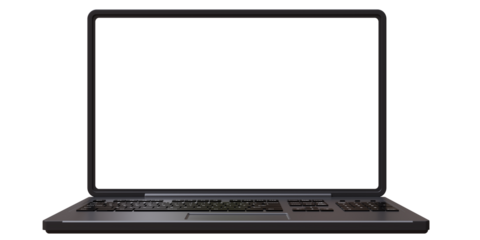 Open laptop blank screen isolated on white transparent, grey color mobile device front view. 3d render
