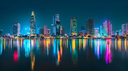 Awesome Ho Chi Minh City skyline Night view of skyscrapers and other highrise buildings at downtown of Ho Chi Minh City Vietnam Colorful city lights reflected in water of the Saigon Ri : Generative AI