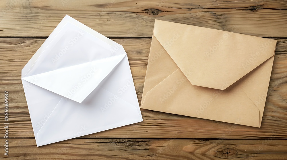 Aufkleber Blank paper envelopes on wooden table background Front and back side Template for your design Top view : Generative AI
