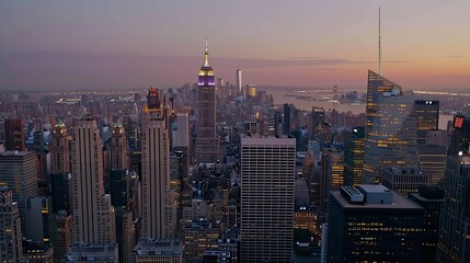 Obraz premium Aerial view of Manhattans beautiful skyline at dusk New York United States : Generative AI