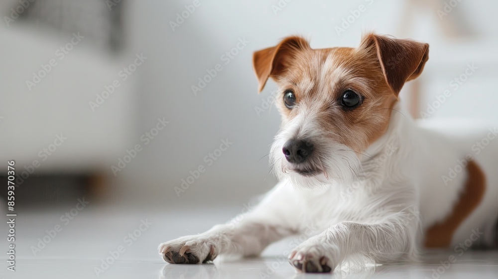 Poster Focus on beautiful dog gazing left on white floor