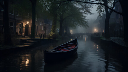 A small boat on a misty winter night in a canal in the Dutch city of Amersfoort