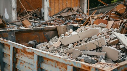 Shattered broken construction waste after building demolitionin a construction waste container A collection service is available to handle the disposal of these materials : Generative AI