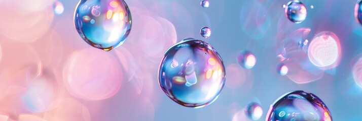 A close-up macro photograph showcasing iridescent face serum drops suspended in midair against a holographic backdrop. The dynamic composition highlights the serums captivating qualities