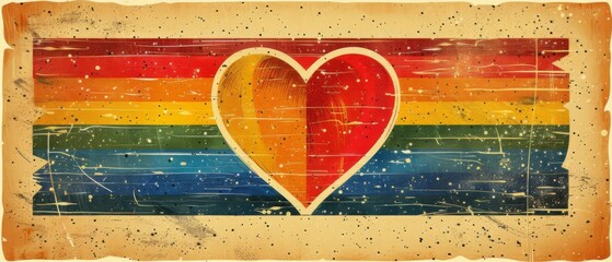 Vintage rainbow flag with heart, grunge background.