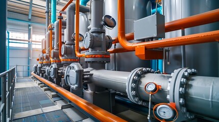 Industrial interior chiller and boiler HVAC heating ventilation air conditioning system and pipping line of industrial construction at boiler pump room system in the factory : Generative AI