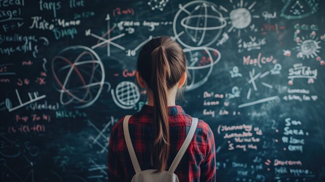 Young student pondering over math equations on blackboard