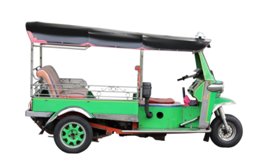Green Tuk-Tuk isolated on transparent background.  Vehicle with three wheels use as a taxi in Bangkok Thailand (PNG File)